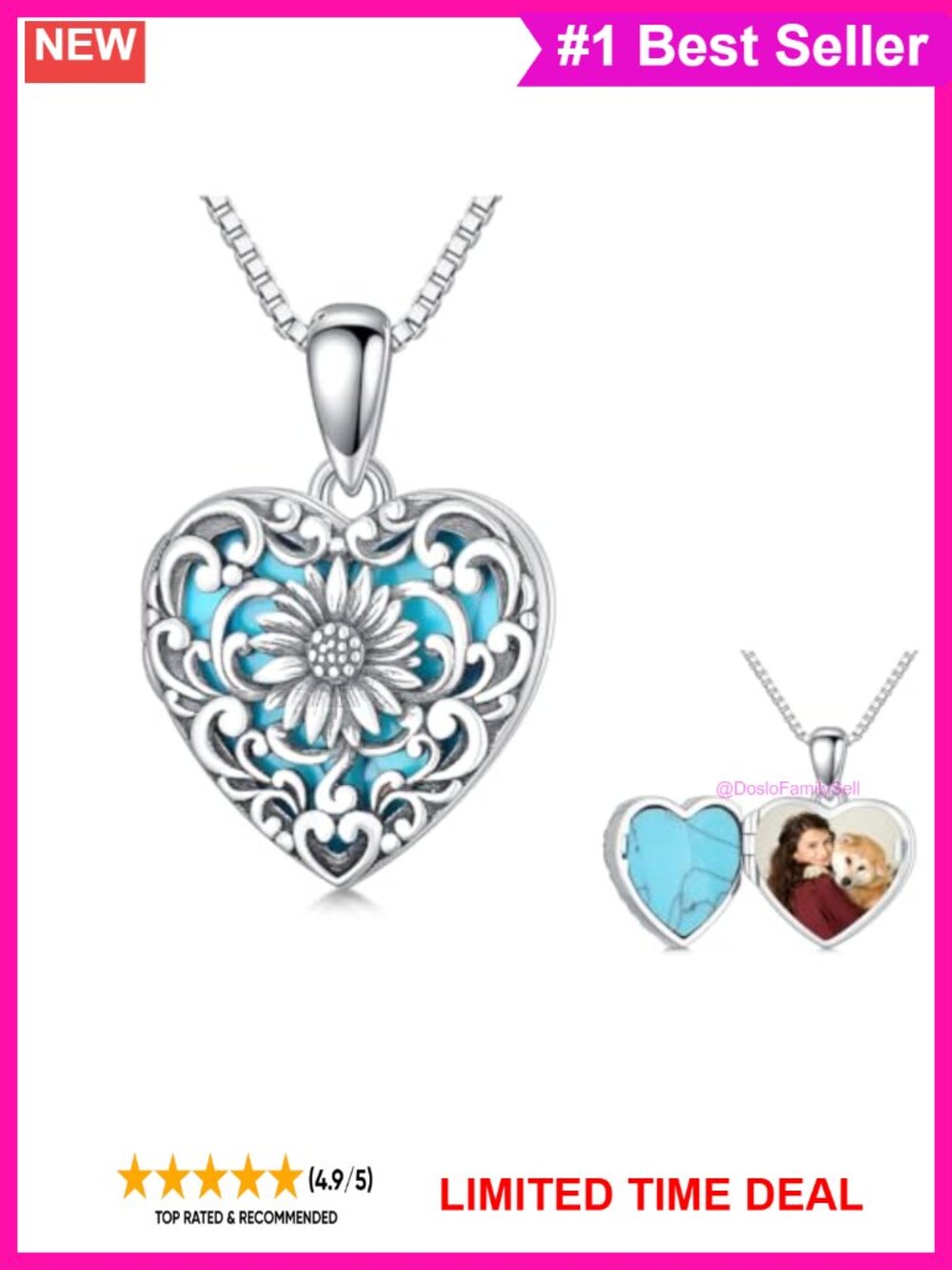 S925 Sterling Silver Sunflower Locket Necklace Holds Pictures Women Jewelry